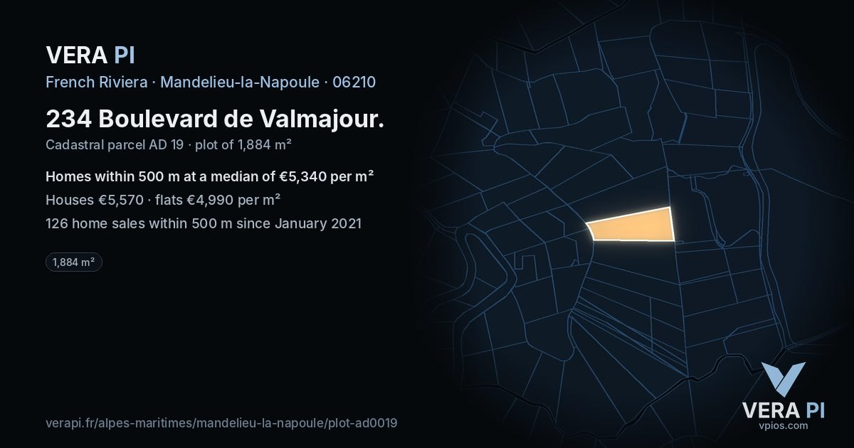 234 Boulevard de Valmajour, Mandelieu-la-Napoule at night – the plot lit, the parcels around coloured by the prices near them