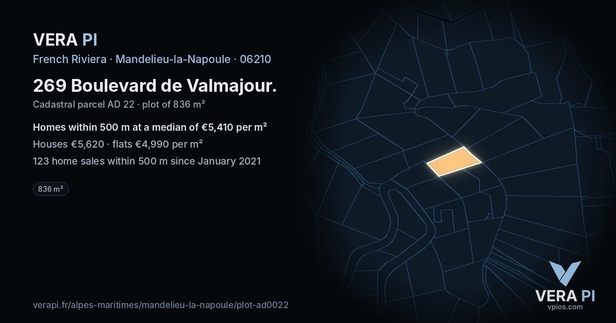 269 Boulevard de Valmajour, Mandelieu-la-Napoule at night – the plot lit, the parcels around coloured by the prices near them