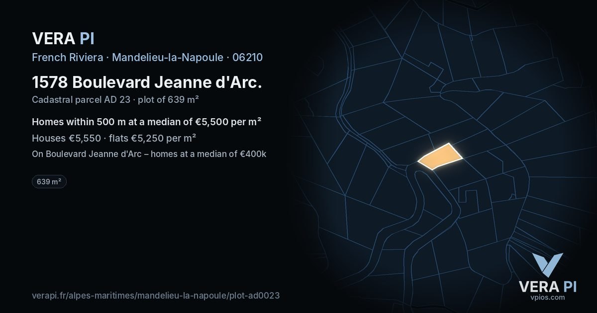 1578 Boulevard Jeanne d'Arc, Mandelieu-la-Napoule at night – the plot lit, the parcels around coloured by the prices near them