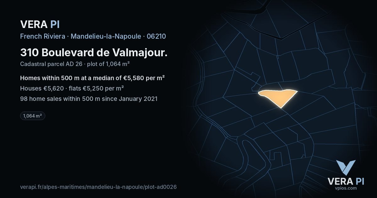 310 Boulevard de Valmajour, Mandelieu-la-Napoule at night – the plot lit, the parcels around coloured by the prices near them