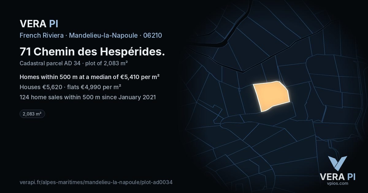 71 Chemin des Hespérides, Mandelieu-la-Napoule at night – the plot lit, the parcels around coloured by the prices near them