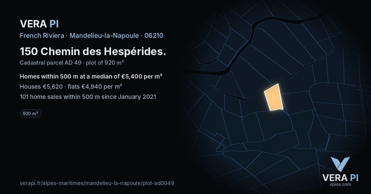 150 Chemin des Hespérides, Mandelieu-la-Napoule at night – the plot lit, the parcels around coloured by the prices near them