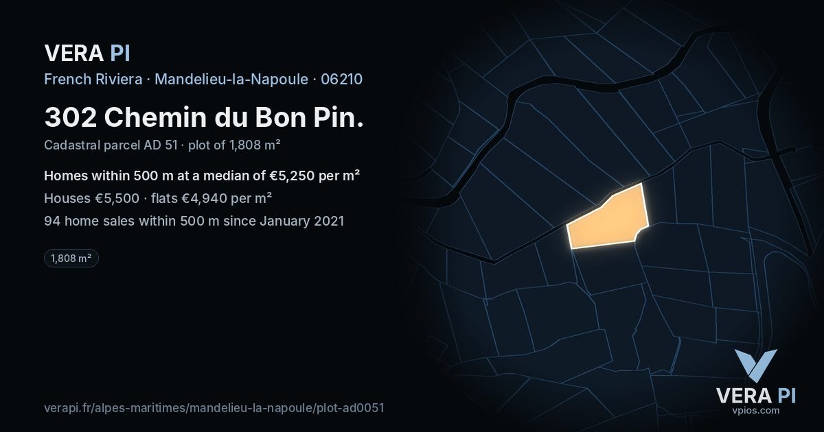 302 Chemin du Bon Pin, Mandelieu-la-Napoule at night – the plot lit, the parcels around coloured by the prices near them