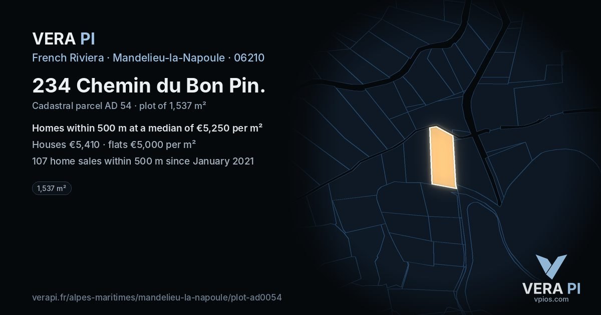 234 Chemin du Bon Pin, Mandelieu-la-Napoule at night – the plot lit, the parcels around coloured by the prices near them