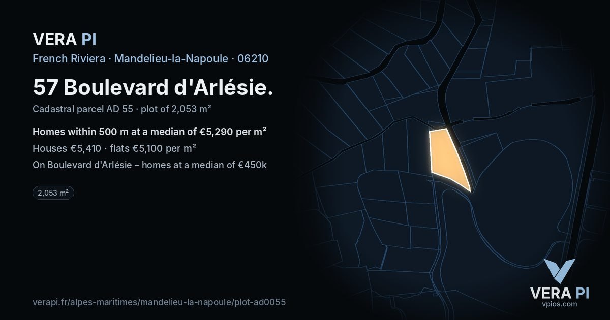 57 Boulevard d'Arlésie, Mandelieu-la-Napoule at night – the plot lit, the parcels around coloured by the prices near them