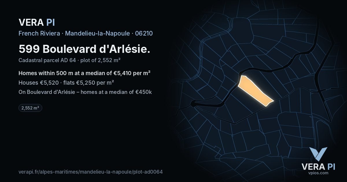 599 Boulevard d'Arlésie, Mandelieu-la-Napoule at night – the plot lit, the parcels around coloured by the prices near them