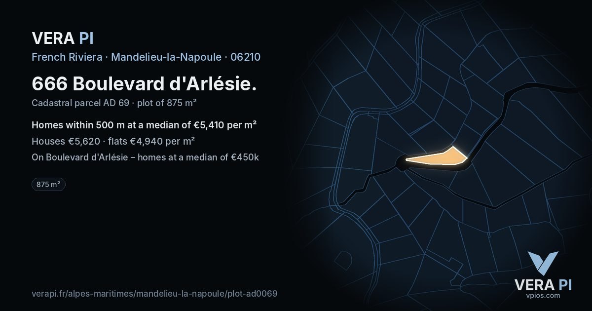666 Boulevard d'Arlésie, Mandelieu-la-Napoule at night – the plot lit, the parcels around coloured by the prices near them