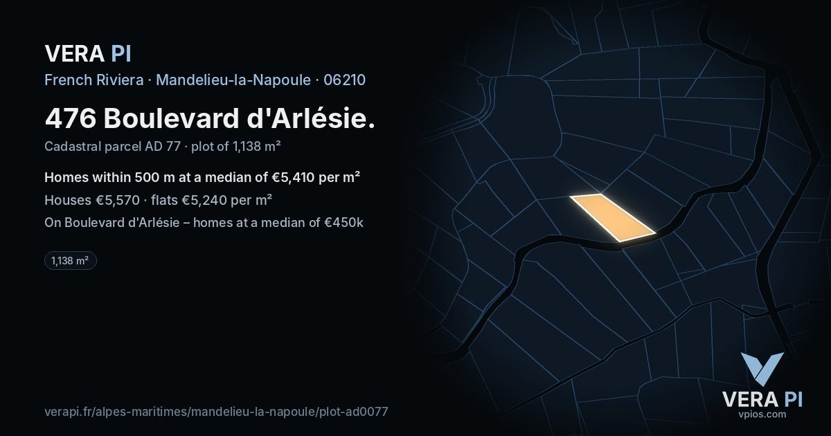 476 Boulevard d'Arlésie, Mandelieu-la-Napoule at night – the plot lit, the parcels around coloured by the prices near them