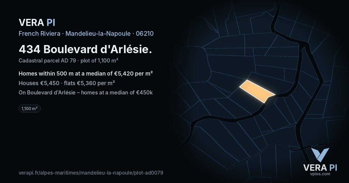 434 Boulevard d'Arlésie, Mandelieu-la-Napoule at night – the plot lit, the parcels around coloured by the prices near them