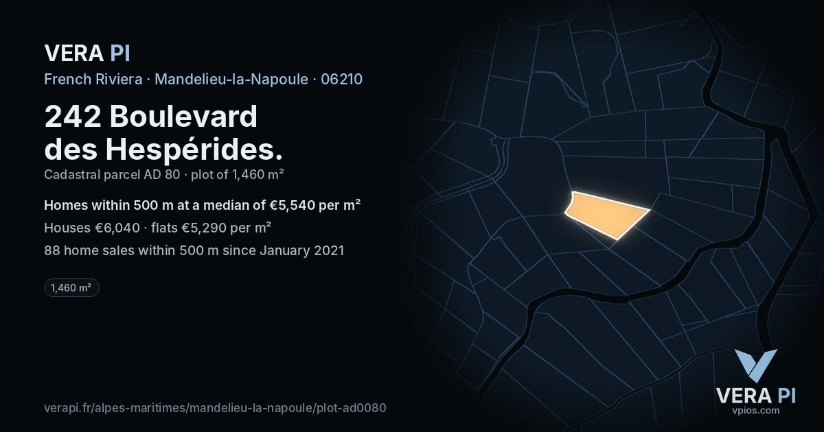 242 Boulevard des Hespérides, Mandelieu-la-Napoule at night – the plot lit, the parcels around coloured by the prices near them