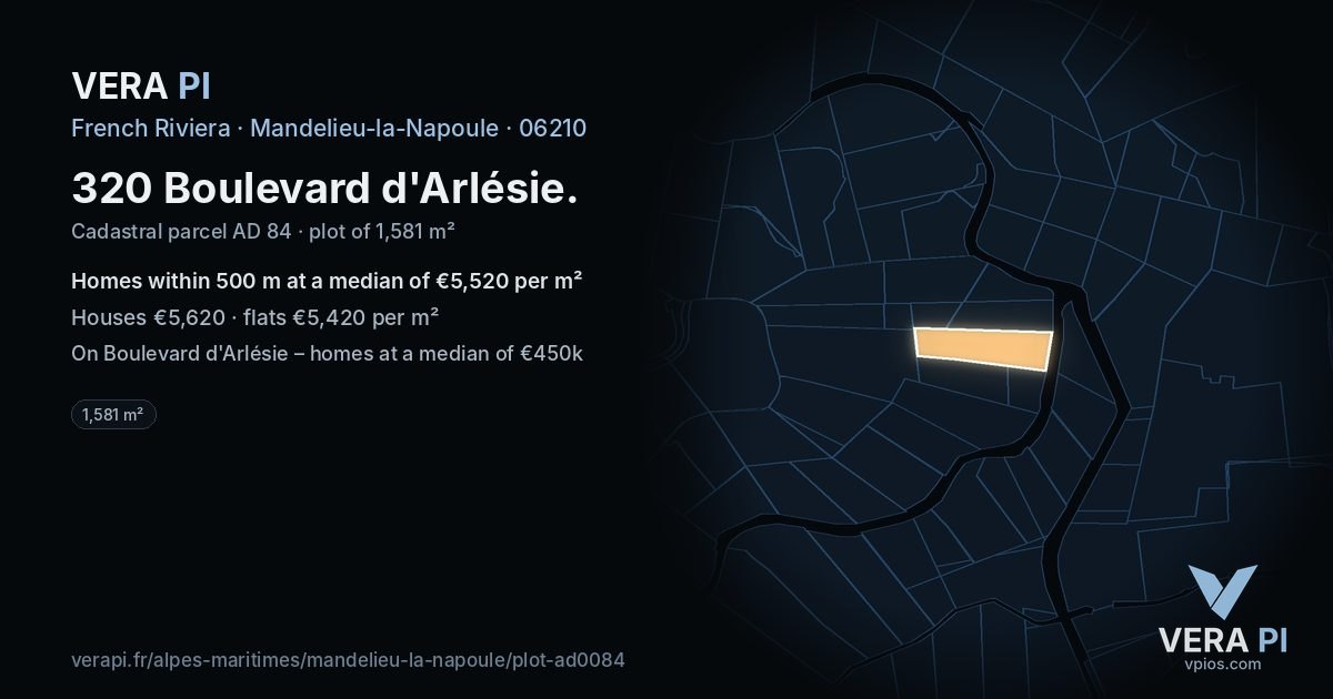 320 Boulevard d'Arlésie, Mandelieu-la-Napoule at night – the plot lit, the parcels around coloured by the prices near them