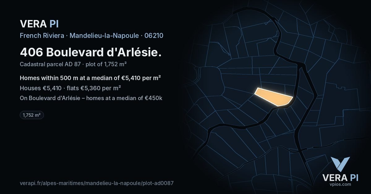 406 Boulevard d'Arlésie, Mandelieu-la-Napoule at night – the plot lit, the parcels around coloured by the prices near them
