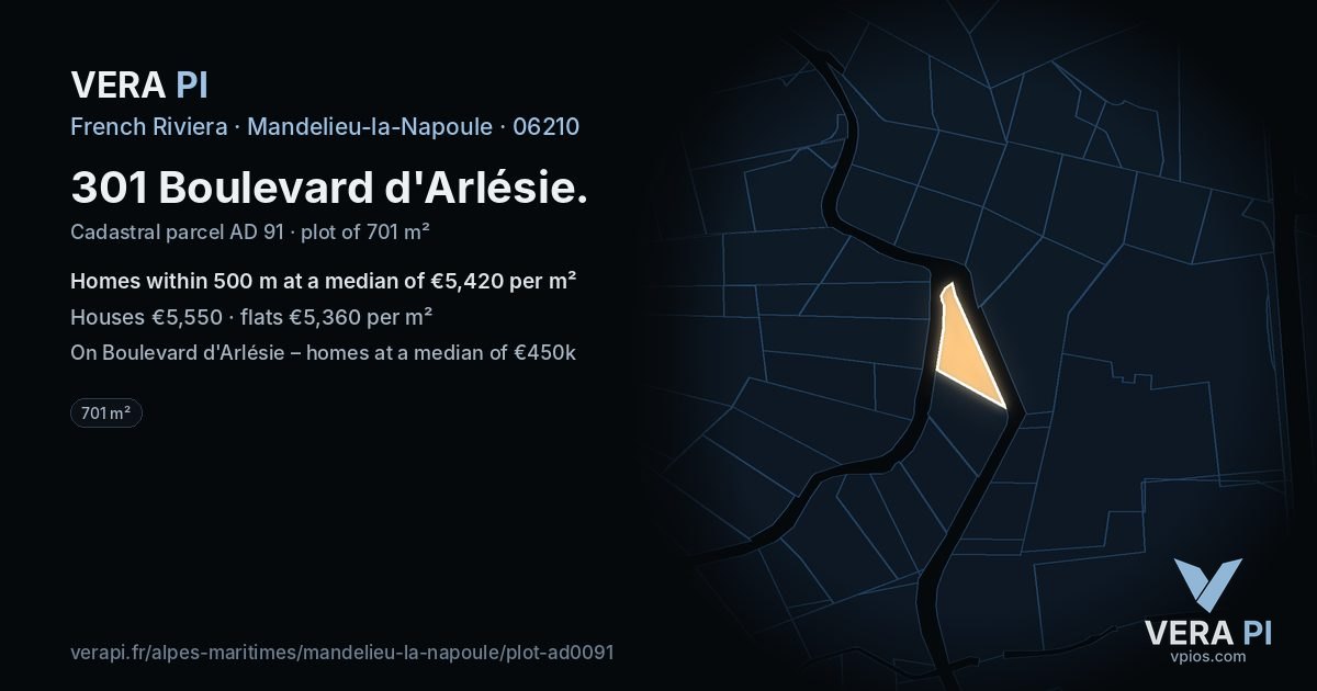 301 Boulevard d'Arlésie, Mandelieu-la-Napoule at night – the plot lit, the parcels around coloured by the prices near them