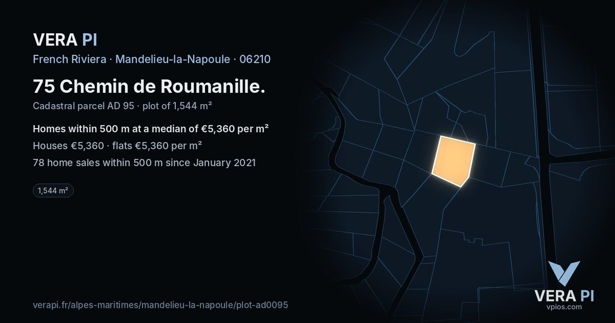 75 Chemin de Roumanille, Mandelieu-la-Napoule at night – the plot lit, the parcels around coloured by the prices near them