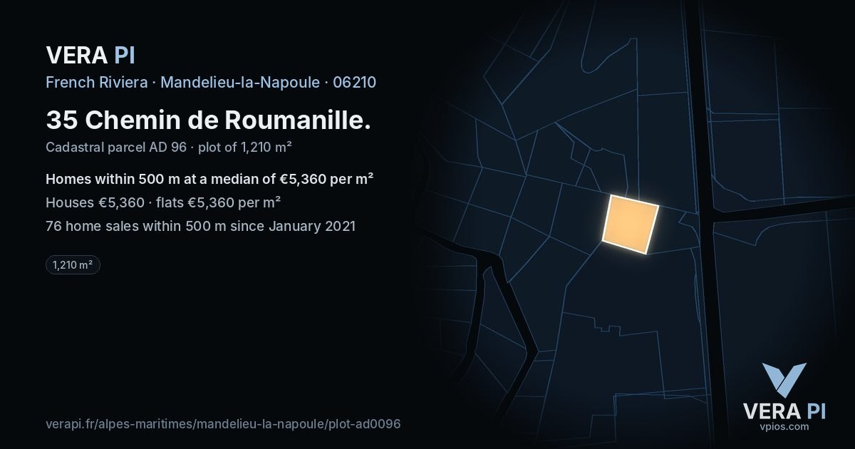 35 Chemin de Roumanille, Mandelieu-la-Napoule at night – the plot lit, the parcels around coloured by the prices near them