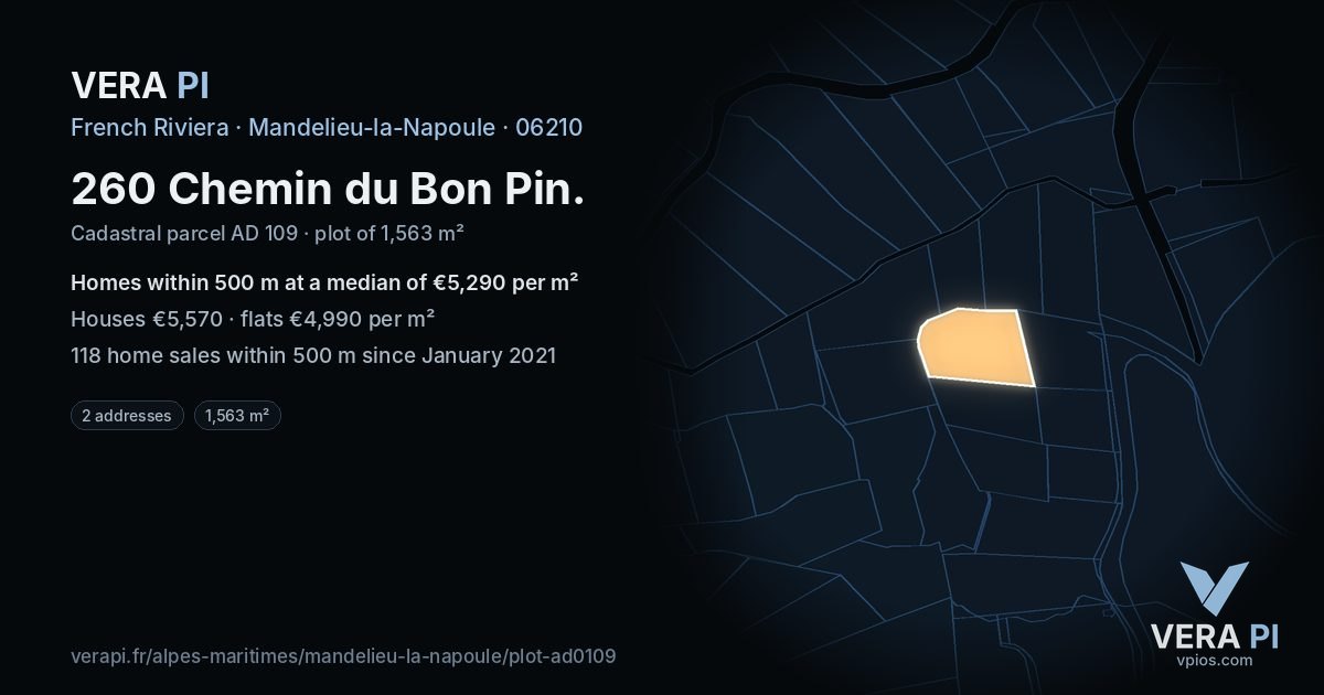 260 Chemin du Bon Pin, Mandelieu-la-Napoule at night – the plot lit, the parcels around coloured by the prices near them