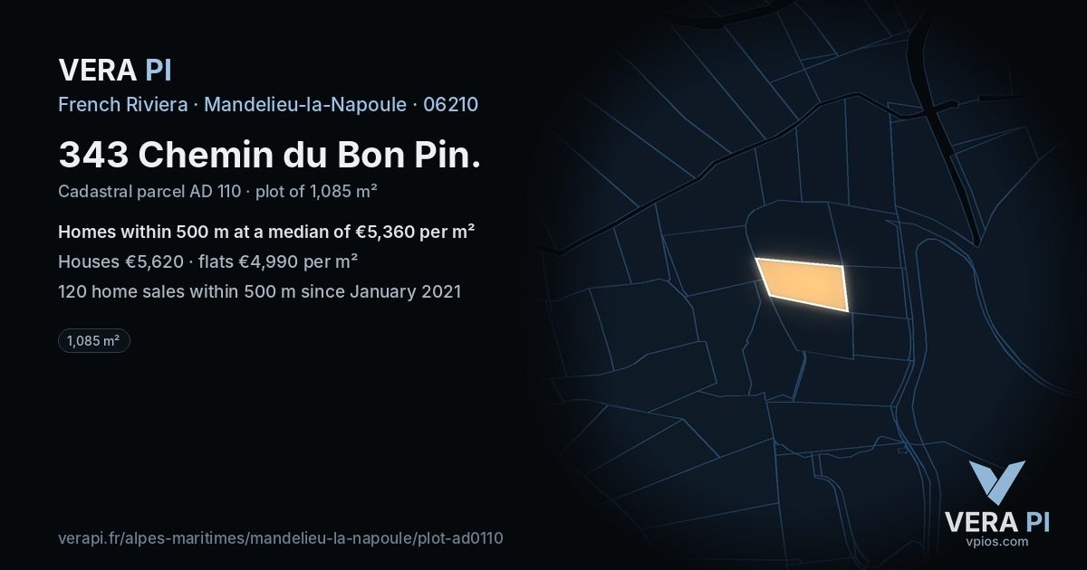 343 Chemin du Bon Pin, Mandelieu-la-Napoule at night – the plot lit, the parcels around coloured by the prices near them
