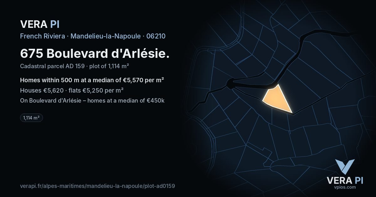 675 Boulevard d'Arlésie, Mandelieu-la-Napoule at night – the plot lit, the parcels around coloured by the prices near them