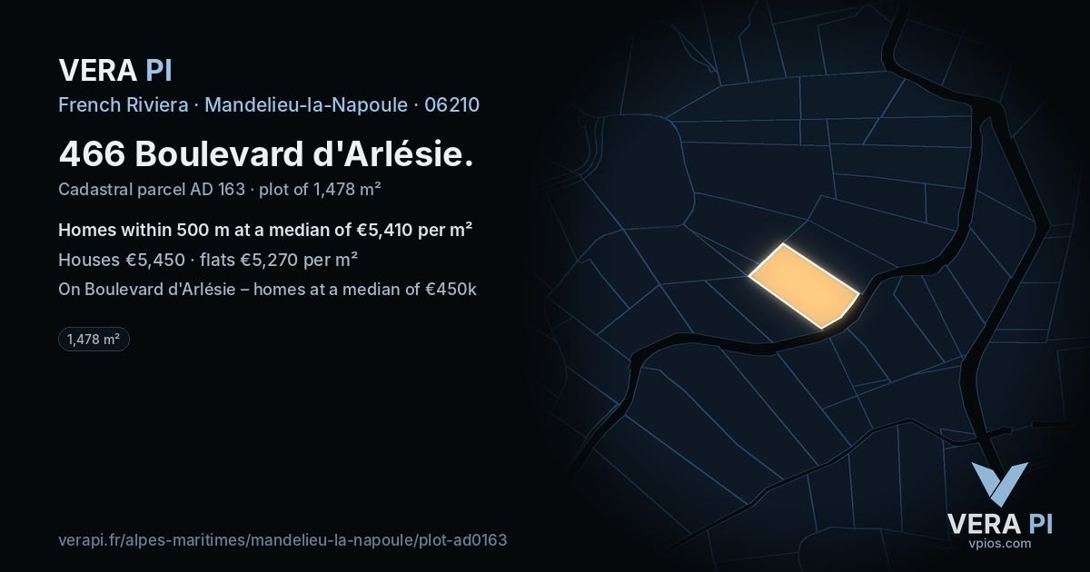 466 Boulevard d'Arlésie, Mandelieu-la-Napoule at night – the plot lit, the parcels around coloured by the prices near them