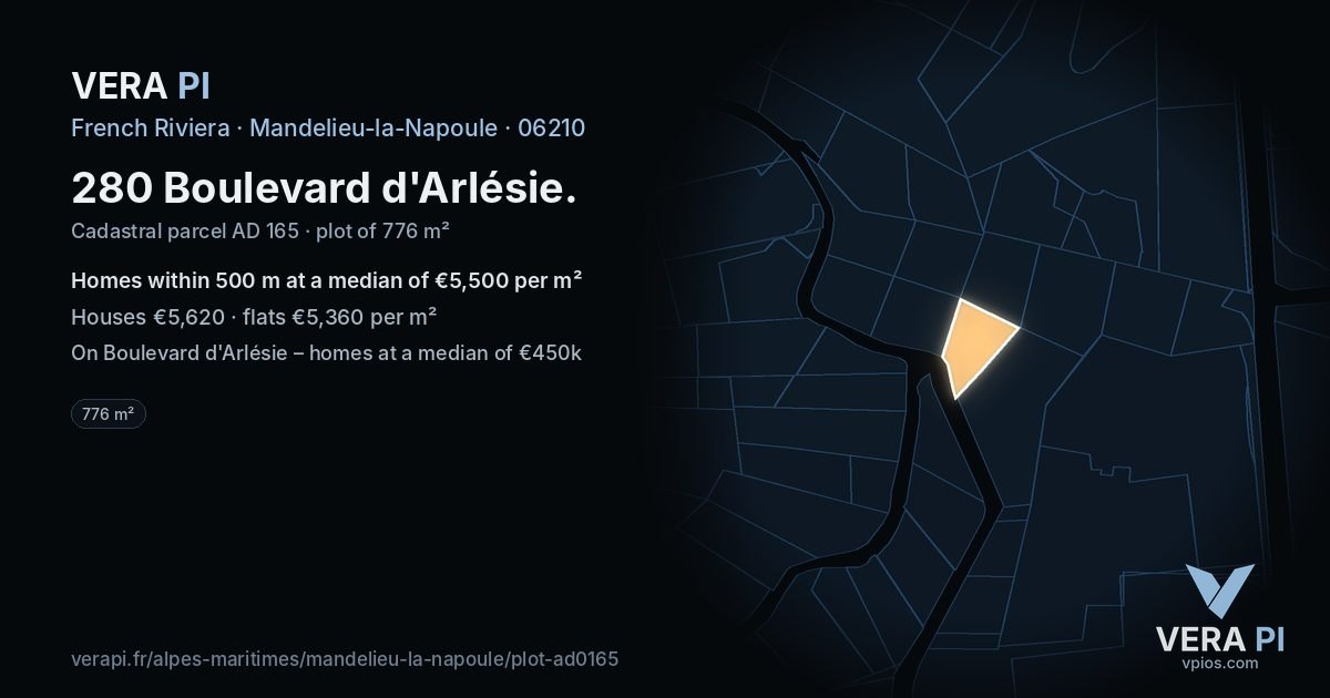 280 Boulevard d'Arlésie, Mandelieu-la-Napoule at night – the plot lit, the parcels around coloured by the prices near them