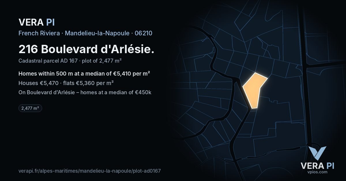 216 Boulevard d'Arlésie, Mandelieu-la-Napoule at night – the plot lit, the parcels around coloured by the prices near them