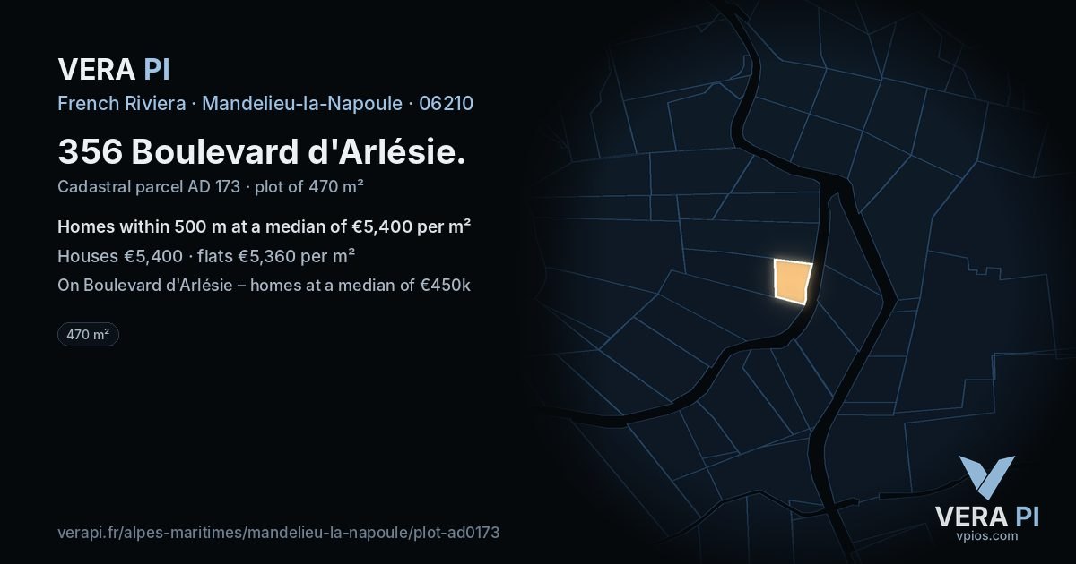 356 Boulevard d'Arlésie, Mandelieu-la-Napoule at night – the plot lit, the parcels around coloured by the prices near them