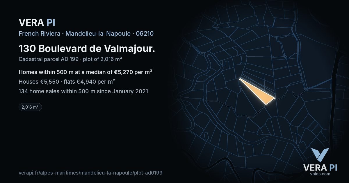 130 Boulevard de Valmajour, Mandelieu-la-Napoule at night – the plot lit, the parcels around coloured by the prices near them