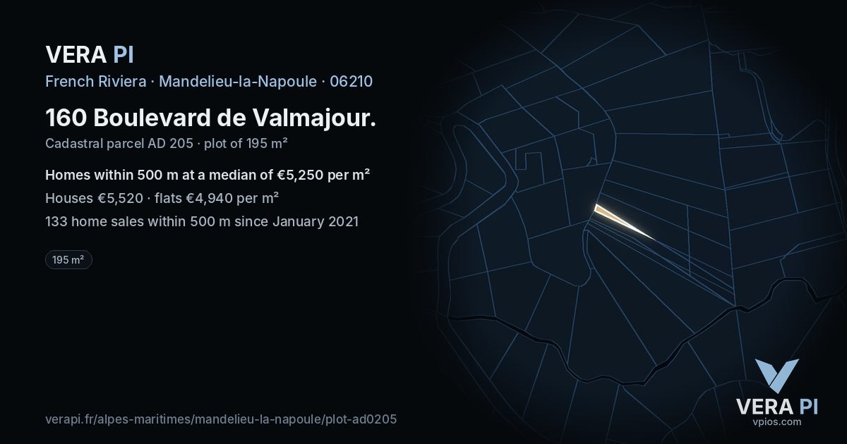 160 Boulevard de Valmajour, Mandelieu-la-Napoule at night – the plot lit, the parcels around coloured by the prices near them