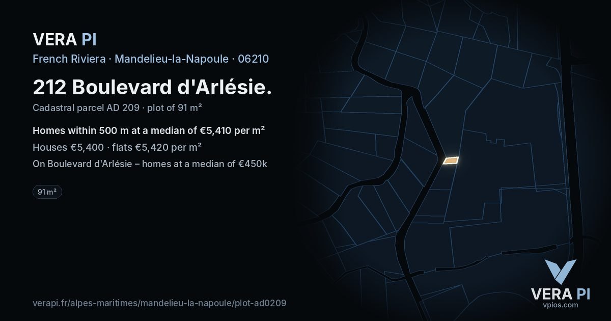 212 Boulevard d'Arlésie, Mandelieu-la-Napoule at night – the plot lit, the parcels around coloured by the prices near them