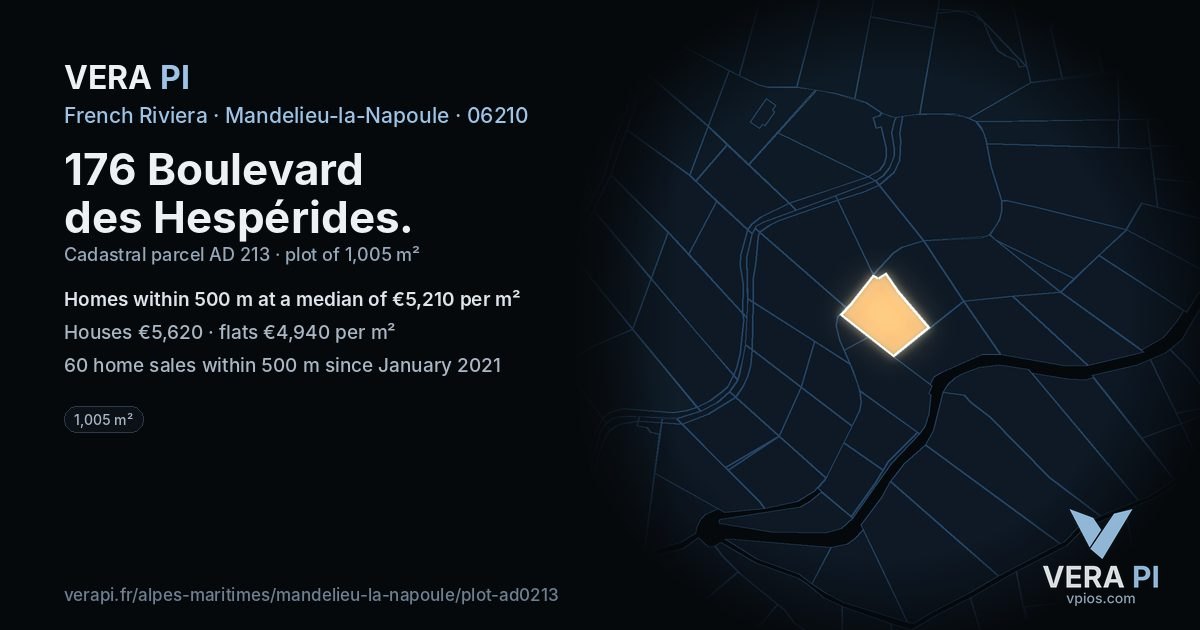 176 Boulevard des Hespérides, Mandelieu-la-Napoule at night – the plot lit, the parcels around coloured by the prices near them