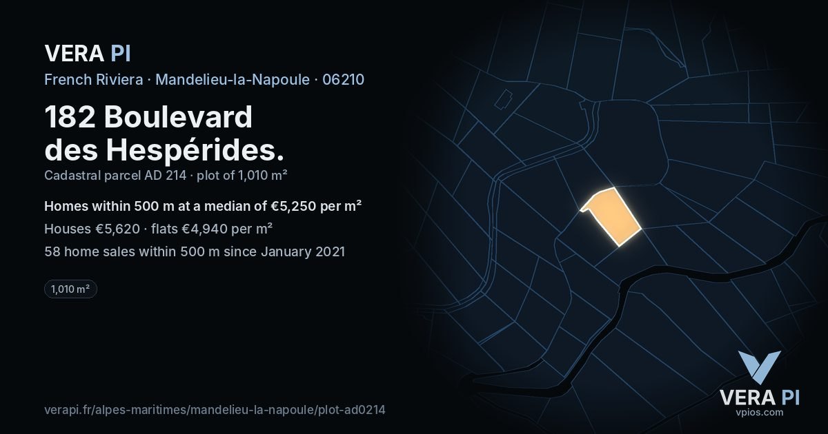 182 Boulevard des Hespérides, Mandelieu-la-Napoule at night – the plot lit, the parcels around coloured by the prices near them