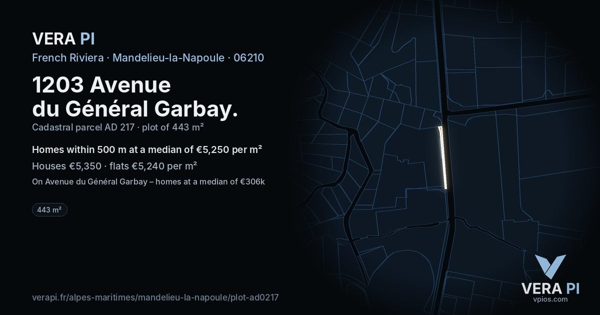 1203 Avenue du Général Garbay, Mandelieu-la-Napoule at night – the plot lit, the parcels around coloured by the prices near them