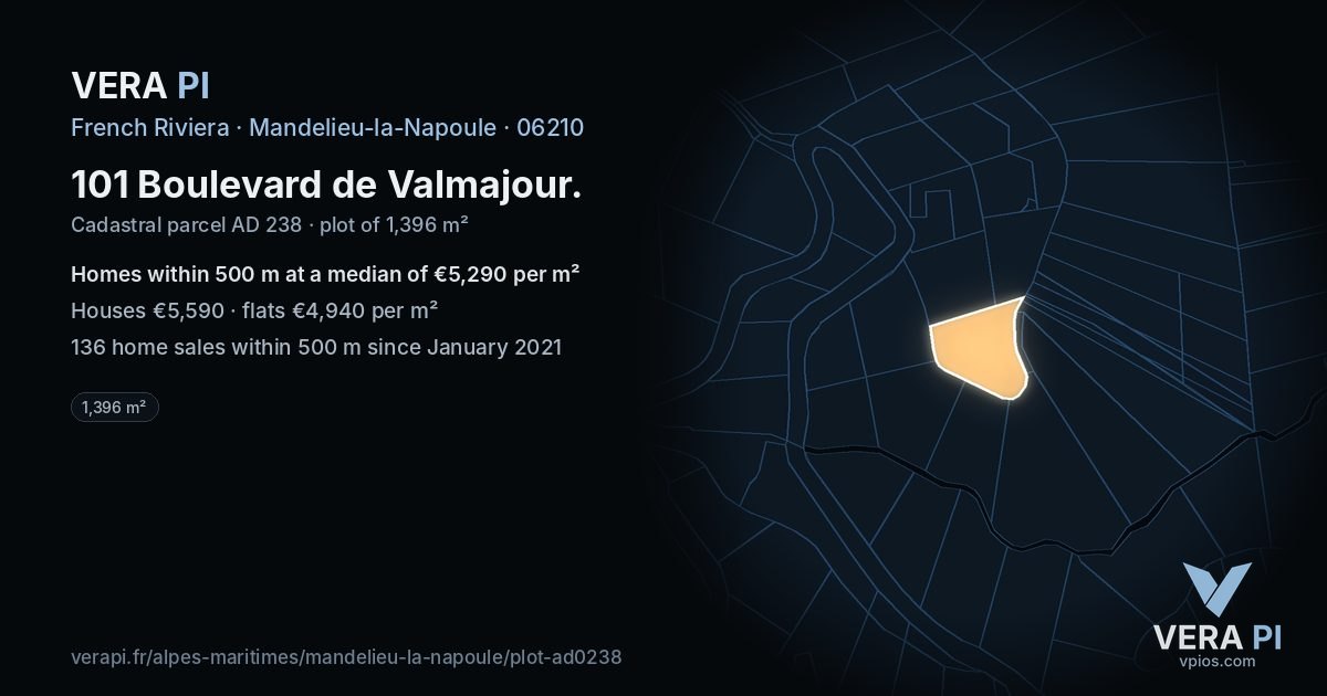 101 Boulevard de Valmajour, Mandelieu-la-Napoule at night – the plot lit, the parcels around coloured by the prices near them
