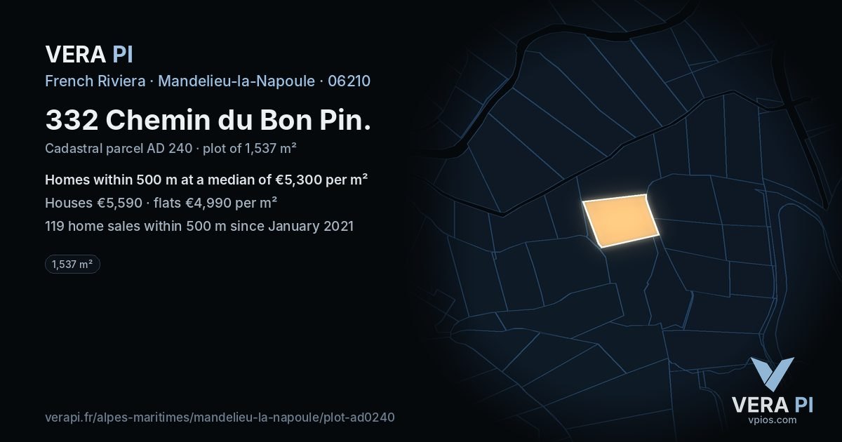 332 Chemin du Bon Pin, Mandelieu-la-Napoule at night – the plot lit, the parcels around coloured by the prices near them