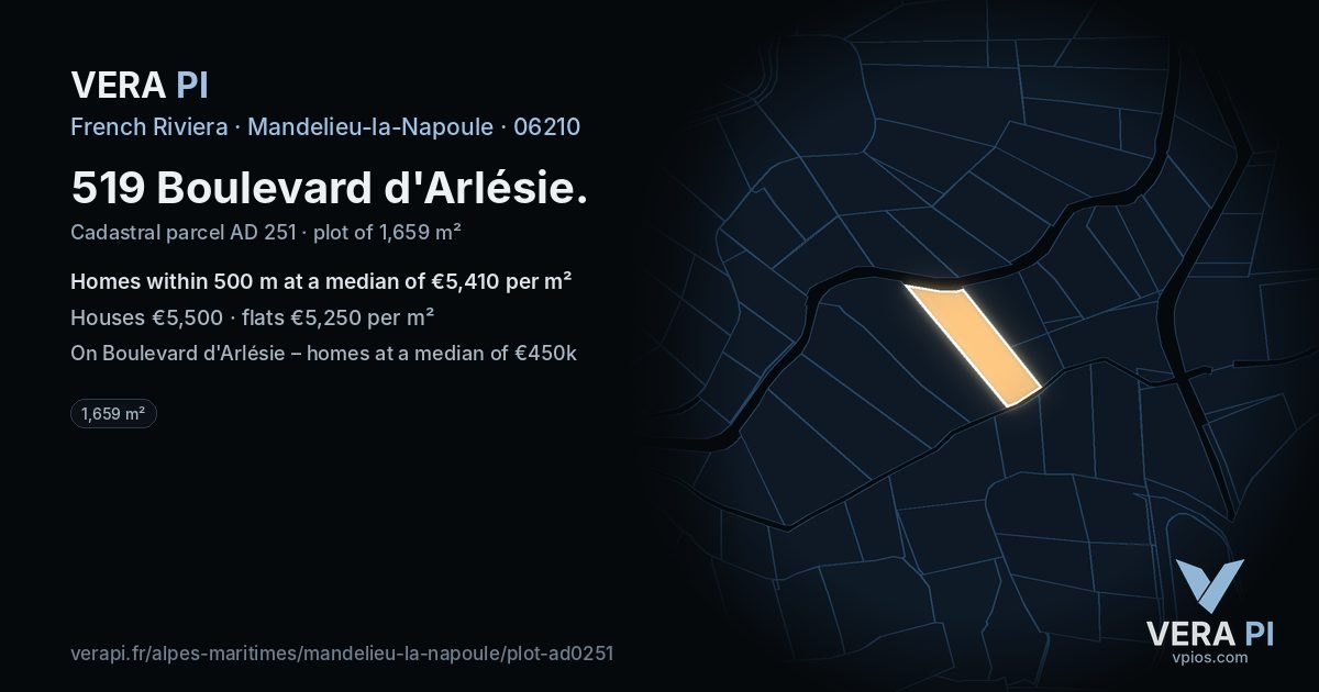 519 Boulevard d'Arlésie, Mandelieu-la-Napoule at night – the plot lit, the parcels around coloured by the prices near them