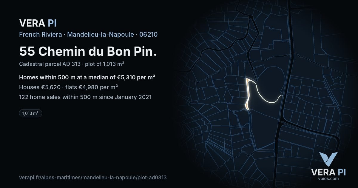 55 Chemin du Bon Pin, Mandelieu-la-Napoule at night – the plot lit, the parcels around coloured by the prices near them
