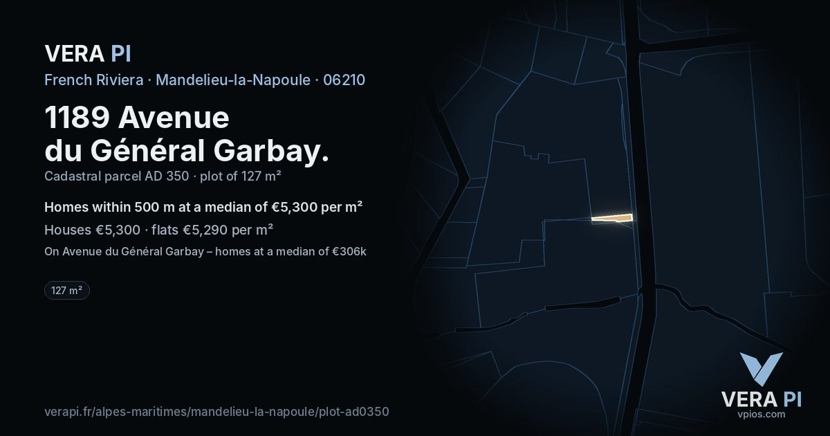 1189 Avenue du Général Garbay, Mandelieu-la-Napoule at night – the plot lit, the parcels around coloured by the prices near them