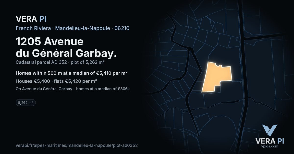 1205 Avenue du Général Garbay, Mandelieu-la-Napoule at night – the plot lit, the parcels around coloured by the prices near them