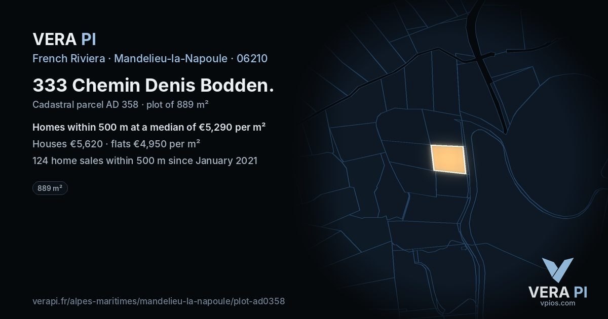333 Chemin Denis Bodden, Mandelieu-la-Napoule at night – the plot lit, the parcels around coloured by the prices near them