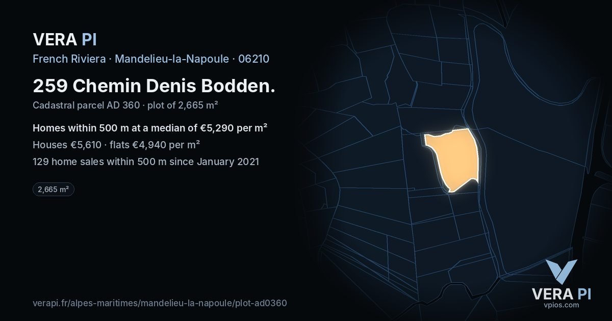 259 Chemin Denis Bodden, Mandelieu-la-Napoule at night – the plot lit, the parcels around coloured by the prices near them