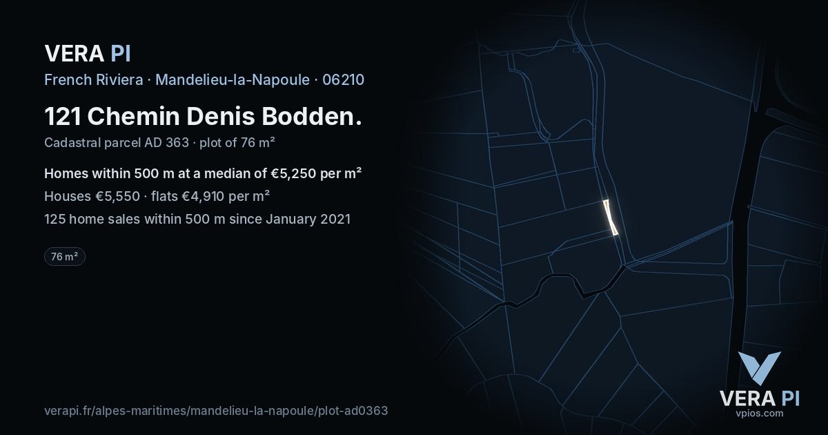 121 Chemin Denis Bodden, Mandelieu-la-Napoule at night – the plot lit, the parcels around coloured by the prices near them