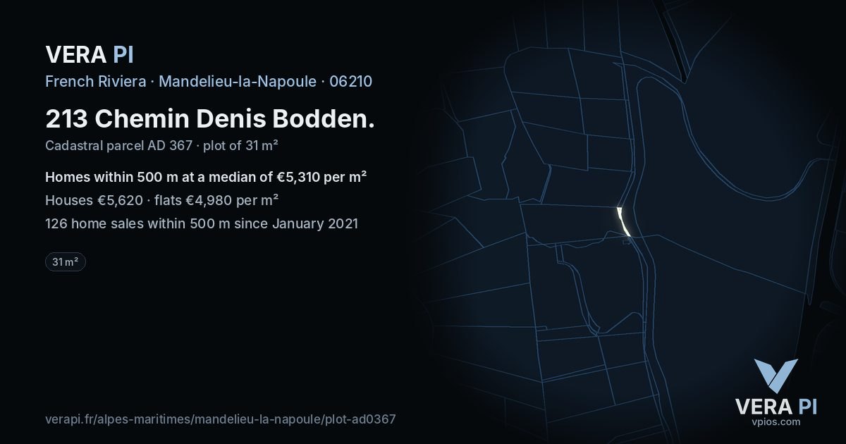 213 Chemin Denis Bodden, Mandelieu-la-Napoule at night – the plot lit, the parcels around coloured by the prices near them