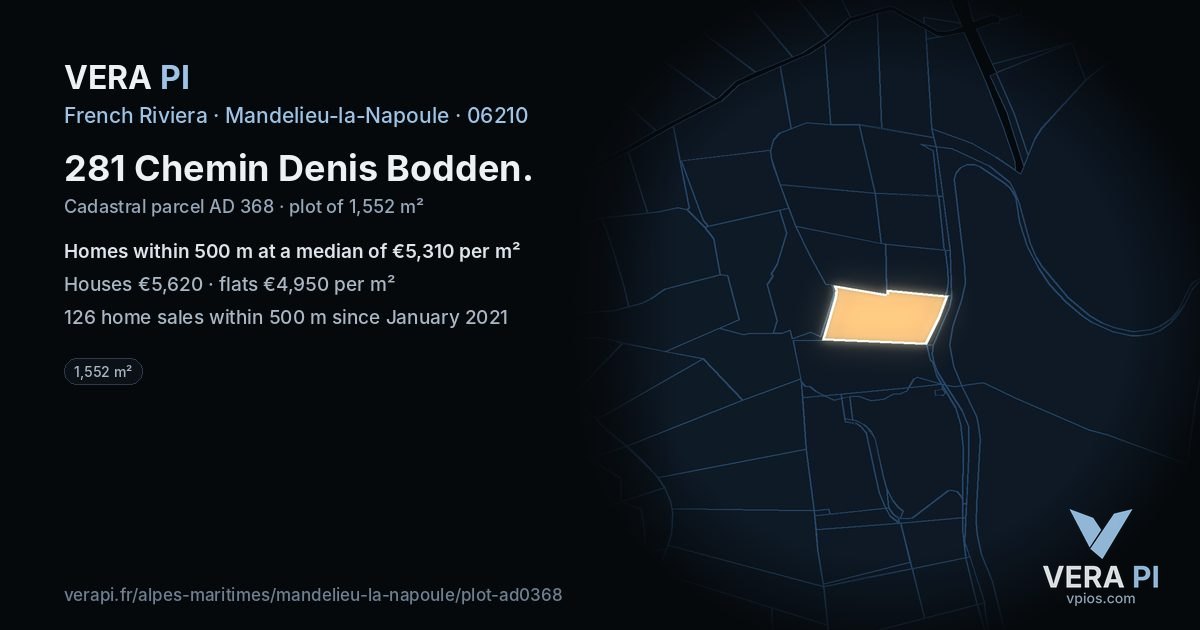 281 Chemin Denis Bodden, Mandelieu-la-Napoule at night – the plot lit, the parcels around coloured by the prices near them