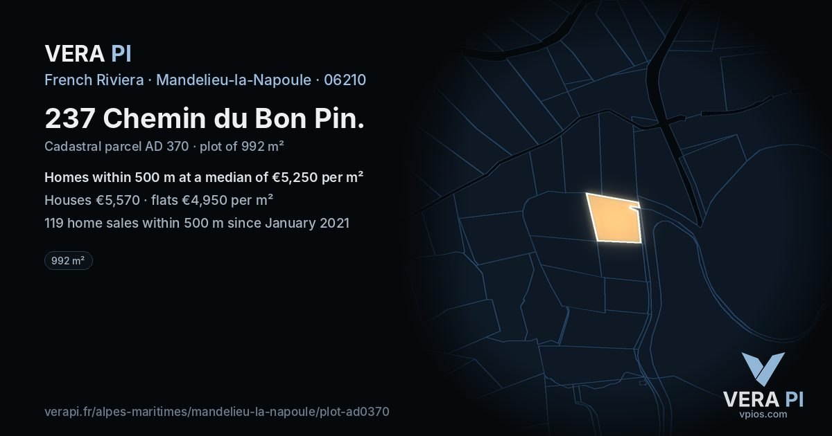 237 Chemin du Bon Pin, Mandelieu-la-Napoule at night – the plot lit, the parcels around coloured by the prices near them