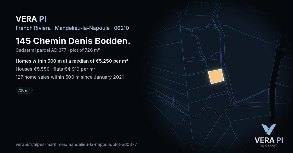 145 Chemin Denis Bodden, Mandelieu-la-Napoule at night – the plot lit, the parcels around coloured by the prices near them