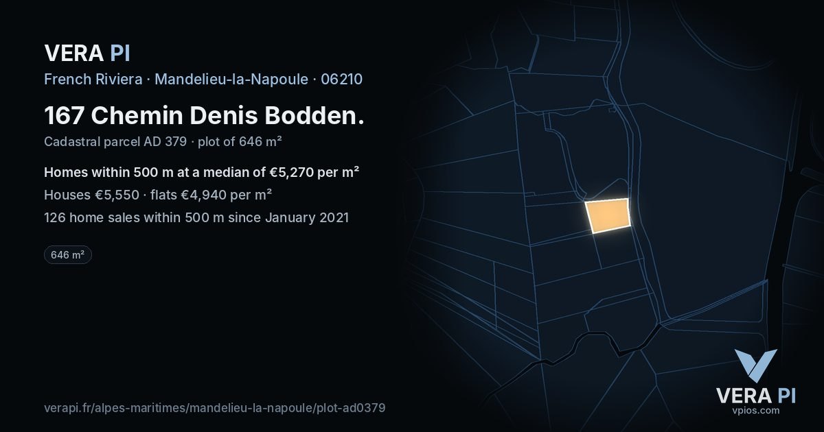 167 Chemin Denis Bodden, Mandelieu-la-Napoule at night – the plot lit, the parcels around coloured by the prices near them