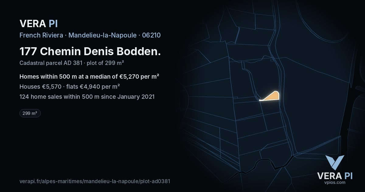 177 Chemin Denis Bodden, Mandelieu-la-Napoule at night – the plot lit, the parcels around coloured by the prices near them