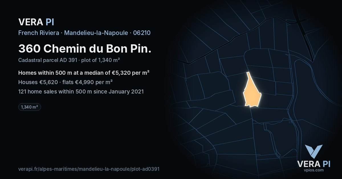 360 Chemin du Bon Pin, Mandelieu-la-Napoule at night – the plot lit, the parcels around coloured by the prices near them