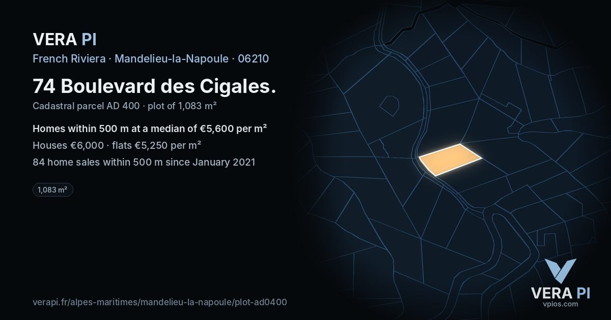 74 Boulevard des Cigales, Mandelieu-la-Napoule at night – the plot lit, the parcels around coloured by the prices near them