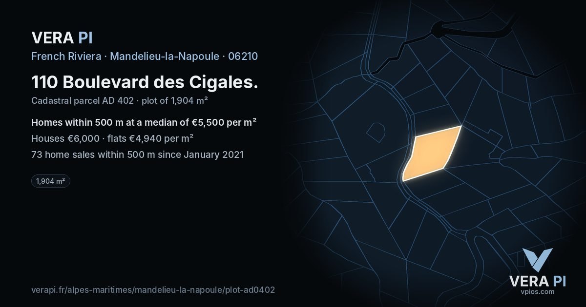 110 Boulevard des Cigales, Mandelieu-la-Napoule at night – the plot lit, the parcels around coloured by the prices near them